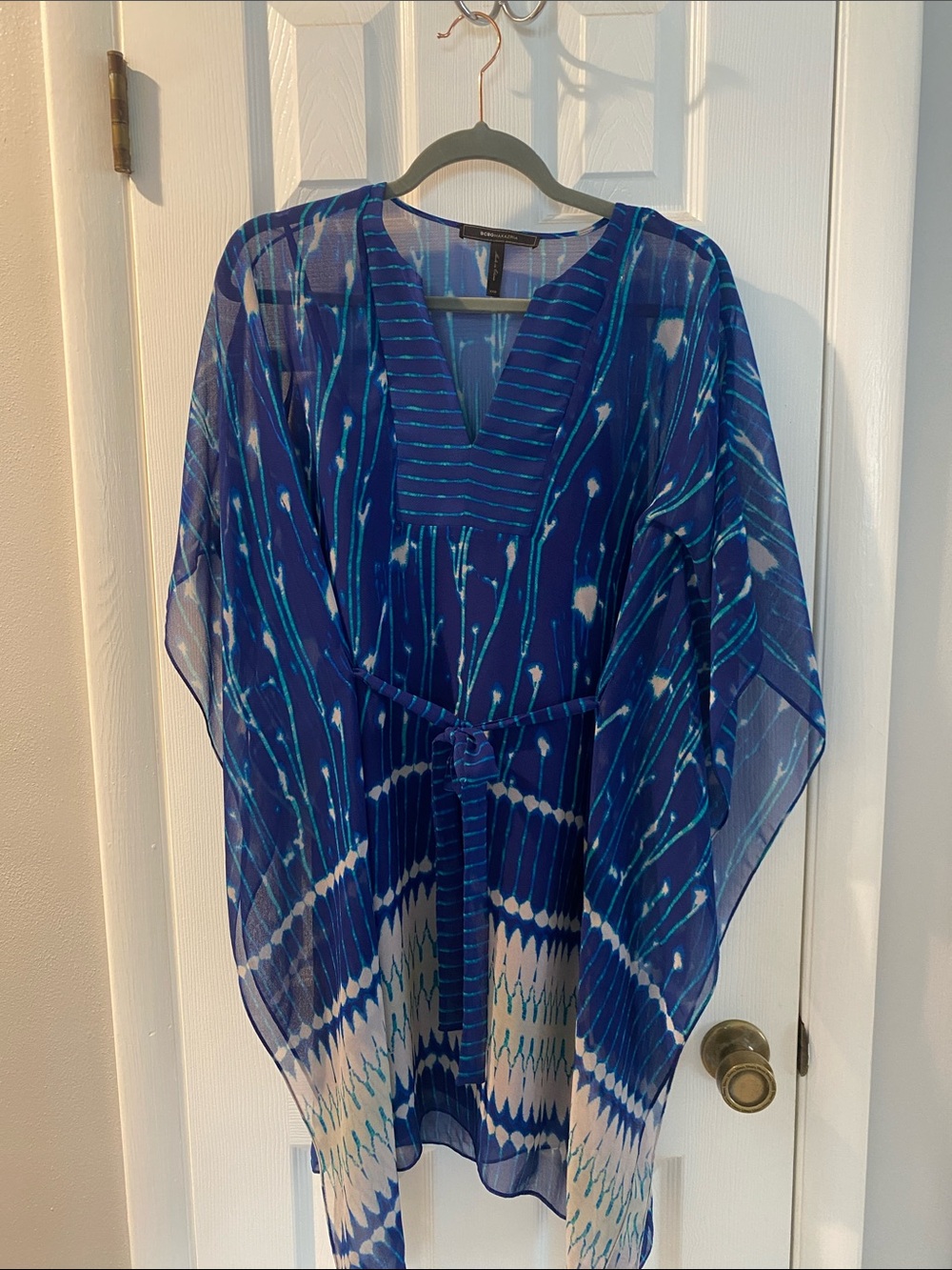 BCBGMaxAzria Blue and Teal Sheer Tie-Waist Mini Dress